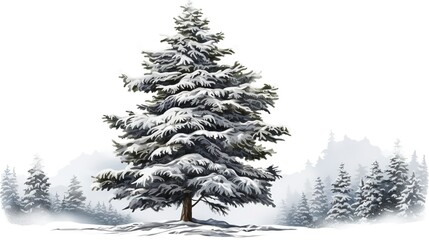 A spruce tree in a snowy landscape, winter tree, vector art, dusted with snow, isolated on white background 