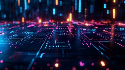 Fototapete - Abstract futuristic circuit board with glowing lines and data streams in blue, pink and orange colors.