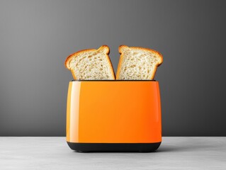 vibrant orange toaster with two slices of toasted bread peeking out, set against sleek gray background. This modern kitchen appliance adds pop of color and warmth to any kitchen decor. 