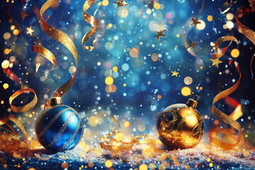 Christmas balls and stars on a blue background, creating a festive and vibrant holiday scene.