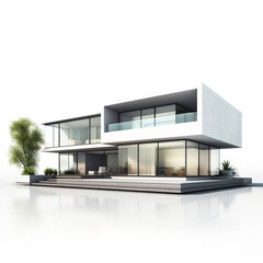 Wall Mural - A modern minimalist house, large windows, clean lines, white and grey tones, isolated on white background