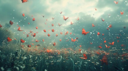 Wall Mural - Red Butterflies Soaring Through a Dreamy Meadow