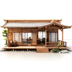 Wall Mural - A traditional Japanese house, wooden structure, sliding doors, Zen design, isolated on white background  