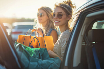 Two women in a car with shopping bags.