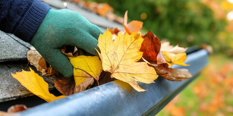 Poster - Gardener cleaning gutter blocked with autumn leaves