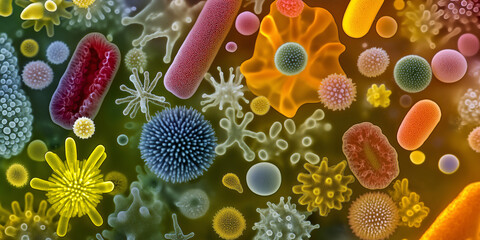 Microscopic view of bacteria and viruses floating around