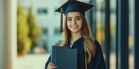 Poster - Happy graduate girl wearing cap and gown holding diploma