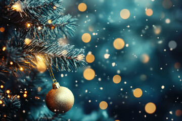 Canvas Print - Christmas tree adorned with golden baubles, set against a warm background illuminated by sparkling lights.