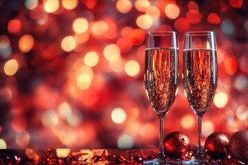 Two champagne glasses amidst Christmas decor on a red background.