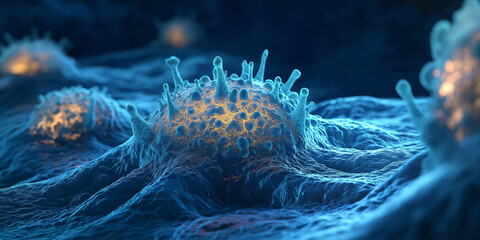 Poster - Microscopic view of coronavirus attacking cells in the body