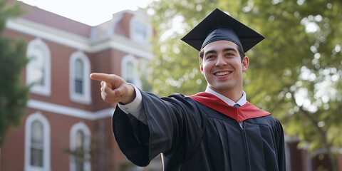 Poster - Happy graduate in cap and gown pointing at university building