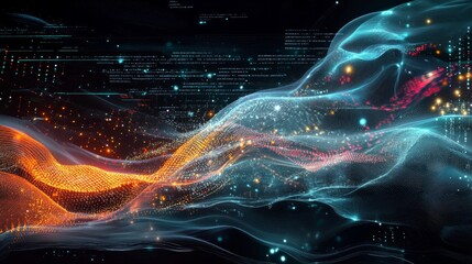 Poster - A digital interface showing data streams, with a deep learning model optimizing in real-time.