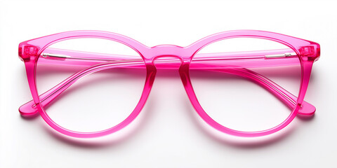 Pair of round pink eyeglasses lying on a white surface