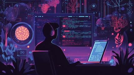 Poster - A programmer working on neural network algorithms on a laptop, with deep learning code displayed on the screen, surrounded by abstract AI graphics.