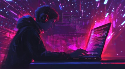Poster - A programmer working on neural network algorithms on a laptop, with deep learning code displayed on the screen, surrounded by abstract AI graphics.