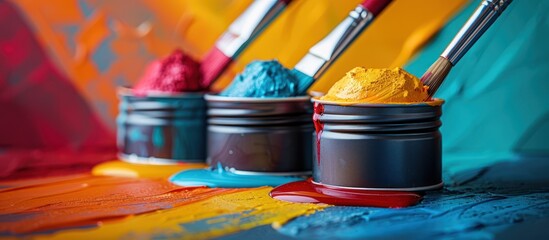 Canvas Print - Three paint cans with red, blue and yellow paint and paintbrushes, with spilled paint in the background.