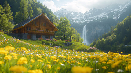 landscape beautiful huts in the meadow and flower, waterfall in the mountains