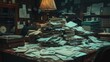 © Deris Firmansyah - Old fashioned messy office desk covered in paperwork suggesting bankruptcy