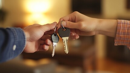 Close up of hands exchanging keys, symbolizing ownership, real estate, or home purchase.