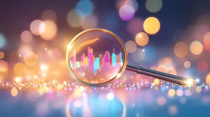 Magnifying glass over a colorful financial graph with bokeh lights.