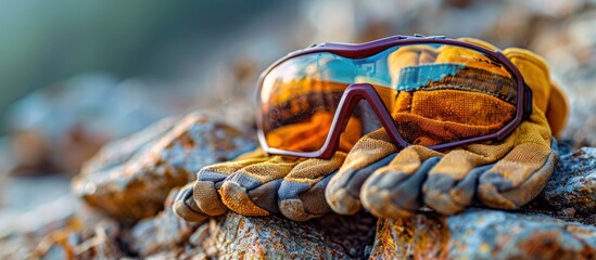 Close-up of a pair of safety glasses resting on a pair of work gloves on a rocky surface.