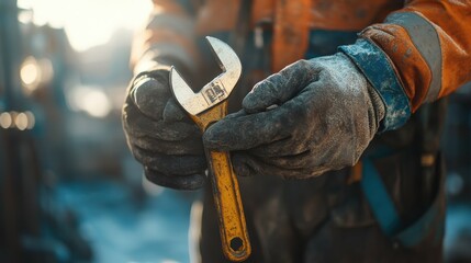 A close-up of a repairman gloved hands gripping a wrench, the tool glinting in the sunlight as he works, with the blurred construction site in the background offering ample copy space