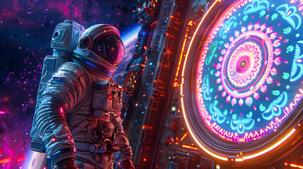 Wall Mural - A space station orbiting a distant planet decorated. Rangoli Inspired  