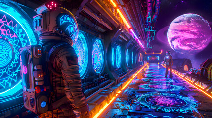 Wall Mural - A space station orbiting a distant planet decorated. Rangoli Inspired  