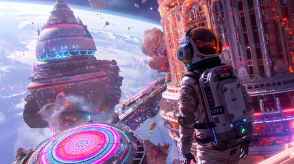Wall Mural - A space station orbiting a distant planet decorated. Rangoli Inspired  