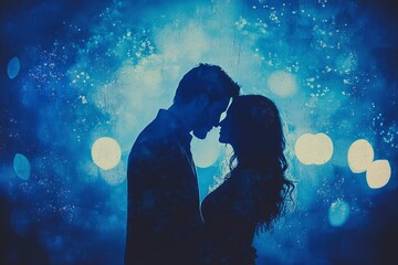 a silhouetted couple facing each other with a blurred blue and white background