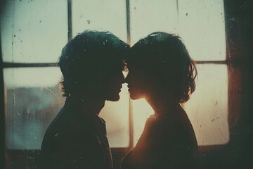 Wall Mural - silhouettes of a couple embracing through a dusty window