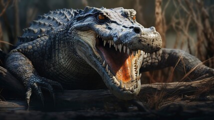 Poster - Large aggressive crocodile is resting with its mouth open showing large sharp teeth 