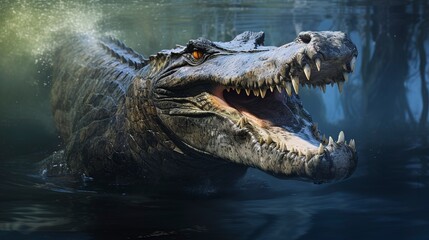 Poster - A large alligator swimming gracefully in the water, showcasing the beauty and power of this wildlife predator. 