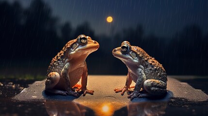 Poster - Two toads sit on a wet road at night staring at each other 