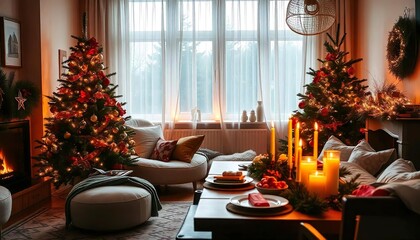 Wall Mural - A cozy living room with a decorated Christmas tree, a white sofa, and a coffee table with candles and decorative elements