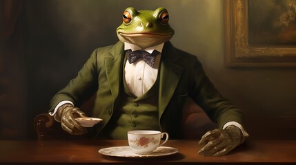 Poster - A gentleman frog at a tea party: charming portrait of a frog in a suit and glasses enjoying a cup of tea 