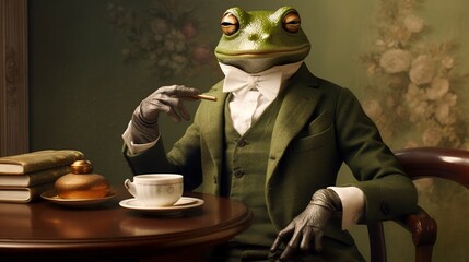 Poster - A gentleman frog at a tea party: charming portrait of a frog in a suit and glasses enjoying a cup of tea  