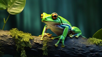 Canvas Print - Green Tree Frog Perched on a Leaf 