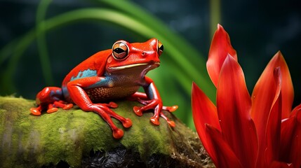 Wall Mural - tree red flower eyed heliconia frogs sitting Two daytime frog central america 2 tropical natural world copy space amphibian animal costa rica nobody  