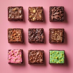 delicous brownies with different flavors on a pink background