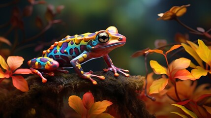 Canvas Print - A colorful amphibian perches itself on a twig in front of some foliage.  