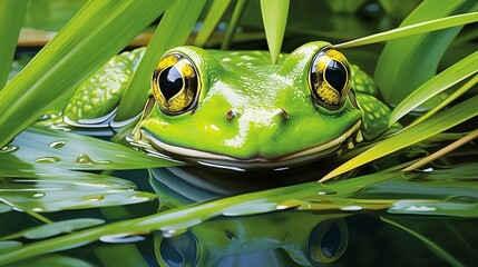 Canvas Print - A vibrant green frog peeks out of the water with striking eyes, reflecting the surrounding environment in close-up detail. --ar 16:9 --v 5.2 Job ID: 8cc76187-cd5a-46eb-a5b4-7af2ae461d1e