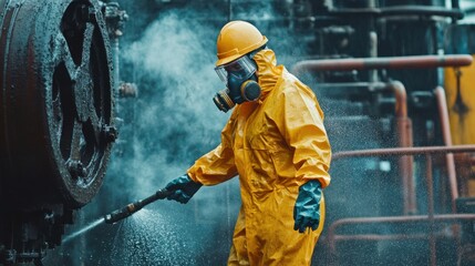 Poster - industrial worker in protective gear, power washing heavy machinery, water droplets and spray in mot