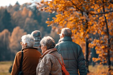 Group of senior people walking in autumn forest. Elderly people traveling together.