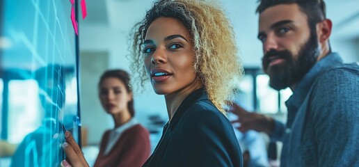 Poster - Diverse team of business people working together in an office. They are looking at a large screen, and a woman is pointing at the screen.