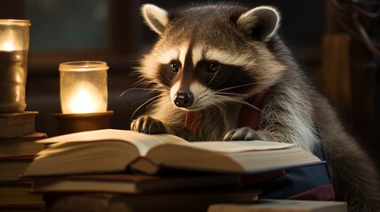 Poster - Studious Raccoon Engrossed in Reading a Book 