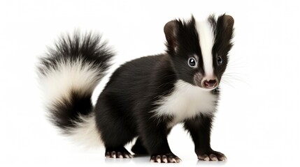 Wall Mural - Cute baby skunk with a fluffy tail isolated on white background 