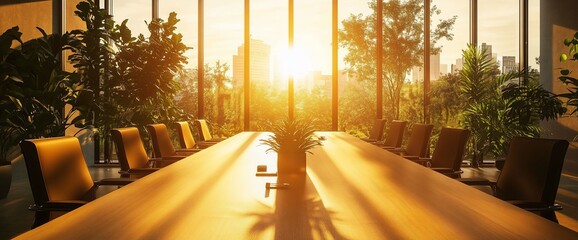 Poster - Empty boardroom table with chairs, facing a large window with a view of the city and a bright sun shining through.