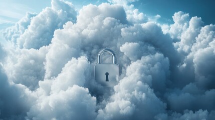 Padlock surrounded by billowing white clouds in a digital space, representing cloud security and encryption