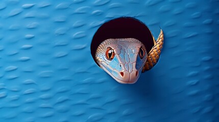 Poster - cute corn snake peeking through a hole in a blue paper wall  